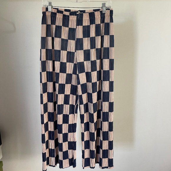 Pink and blue wide leg pleated checkered pants - Picture 1 of 4